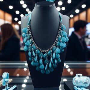 Bold Turquoise Teardrop Bib Necklace Statement Jewelry Boho Chic Festival‎ 38"